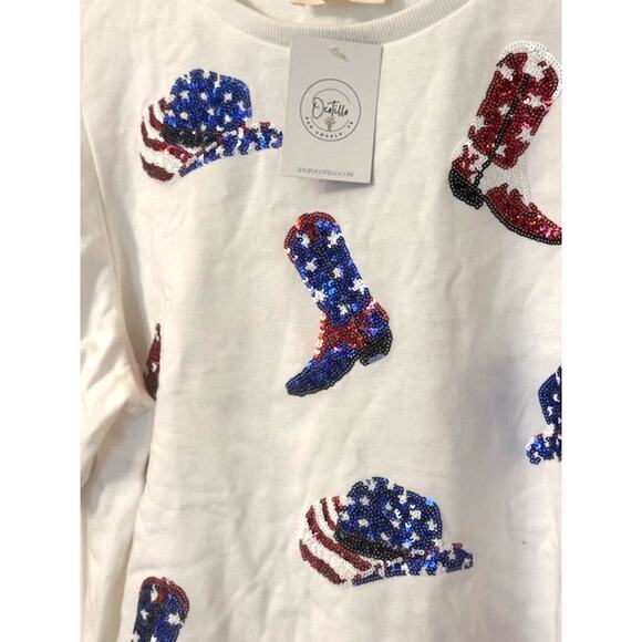 NWT Peach Love Sequin Boot Scootin 4th Of July USA Puff Sleeve Top M - Picture 8 of 9